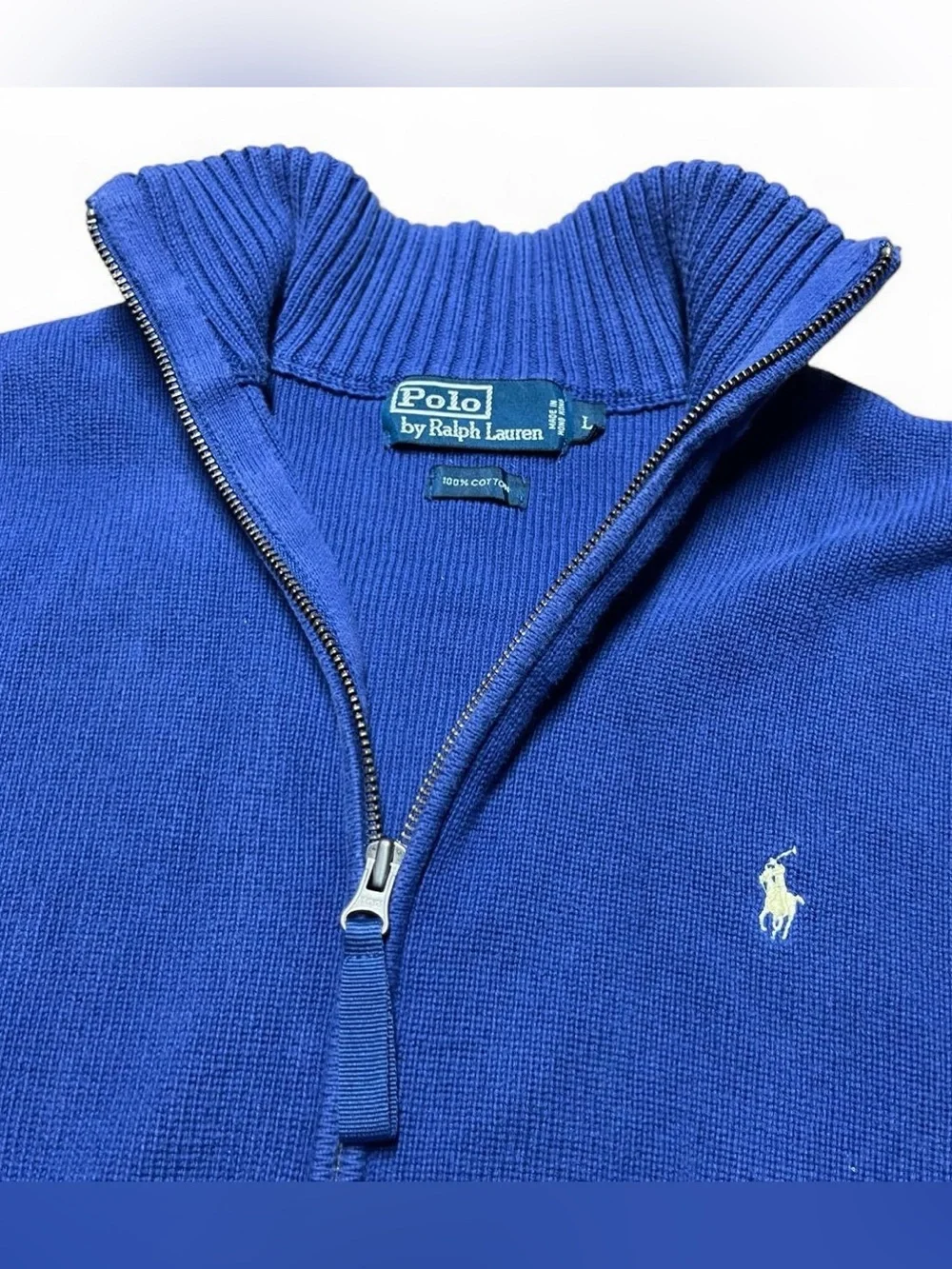 Polo Ralph Lauren Mens Navy Blue Full Zip Cotton Sweater Mock Neck Ribbed Pony L